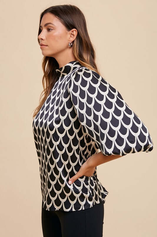 Annie Wear Tie Back Abstract Print Mock Neck Half Sleeve Blouse - Lily and Lavender Boutique
