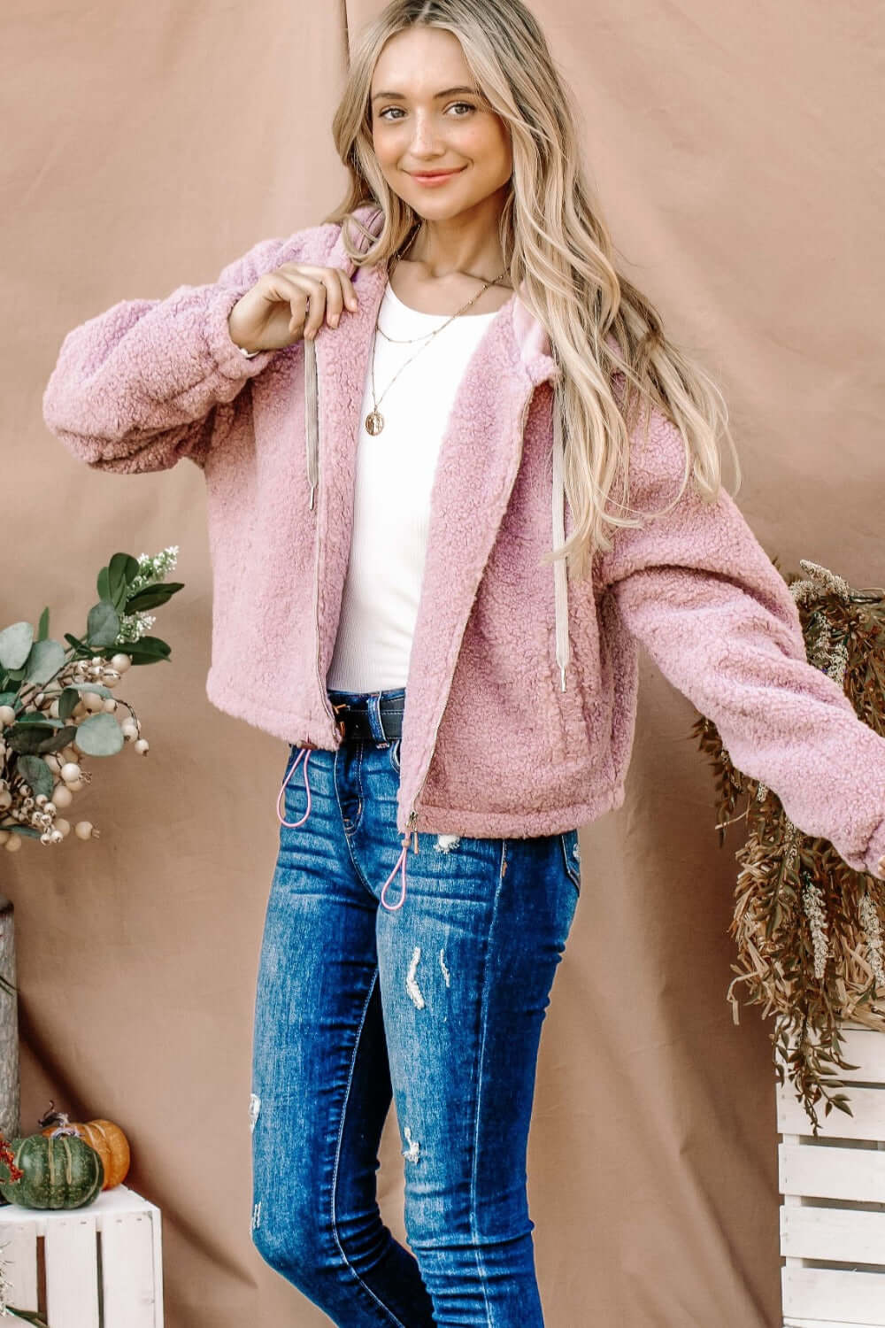 And The Why Sherpa Drawstring Cropped Hooded Jacket - Lily and Lavender Boutique