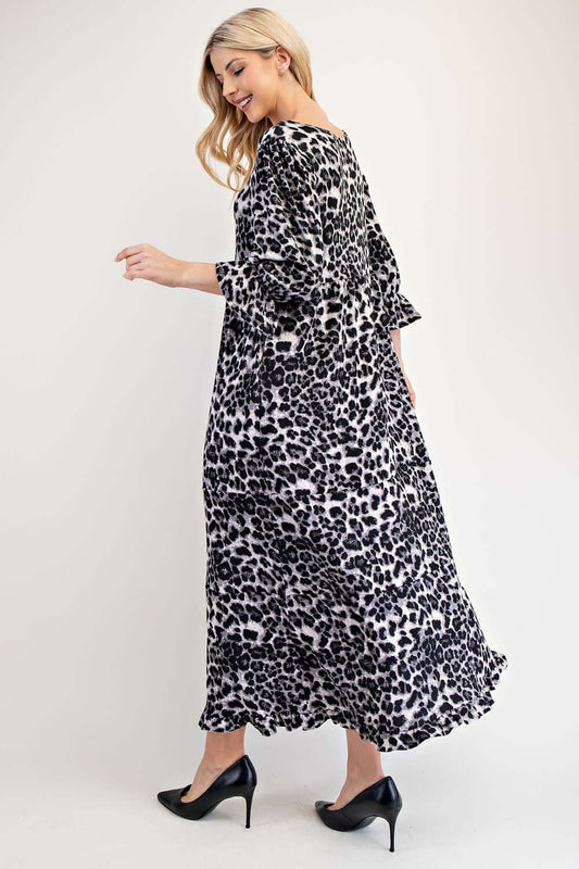 Celeste Full Size Leopard Round Neck Flounce Sleeve Dress - Lily and Lavender Boutique