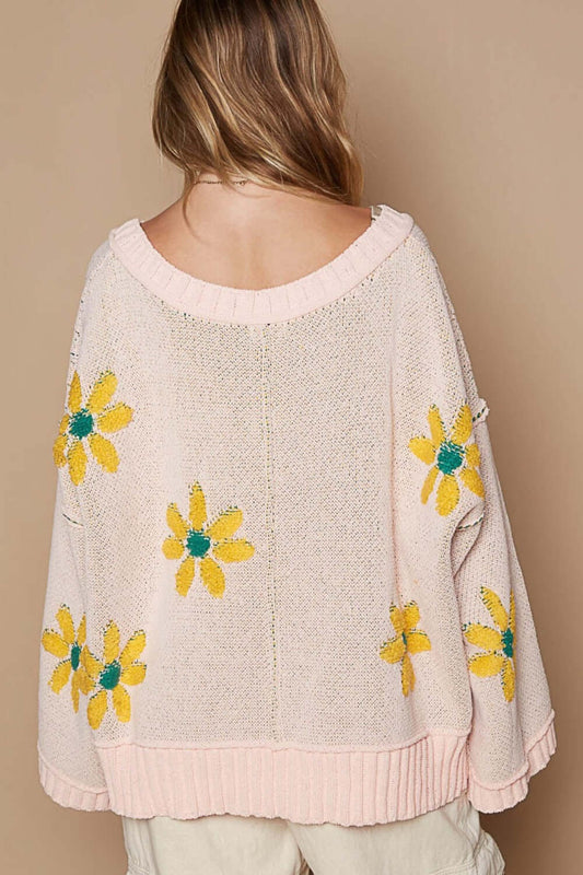 POL V-Neck Floral Pattern Chenille Sweater - Lily and Lavender Boutique