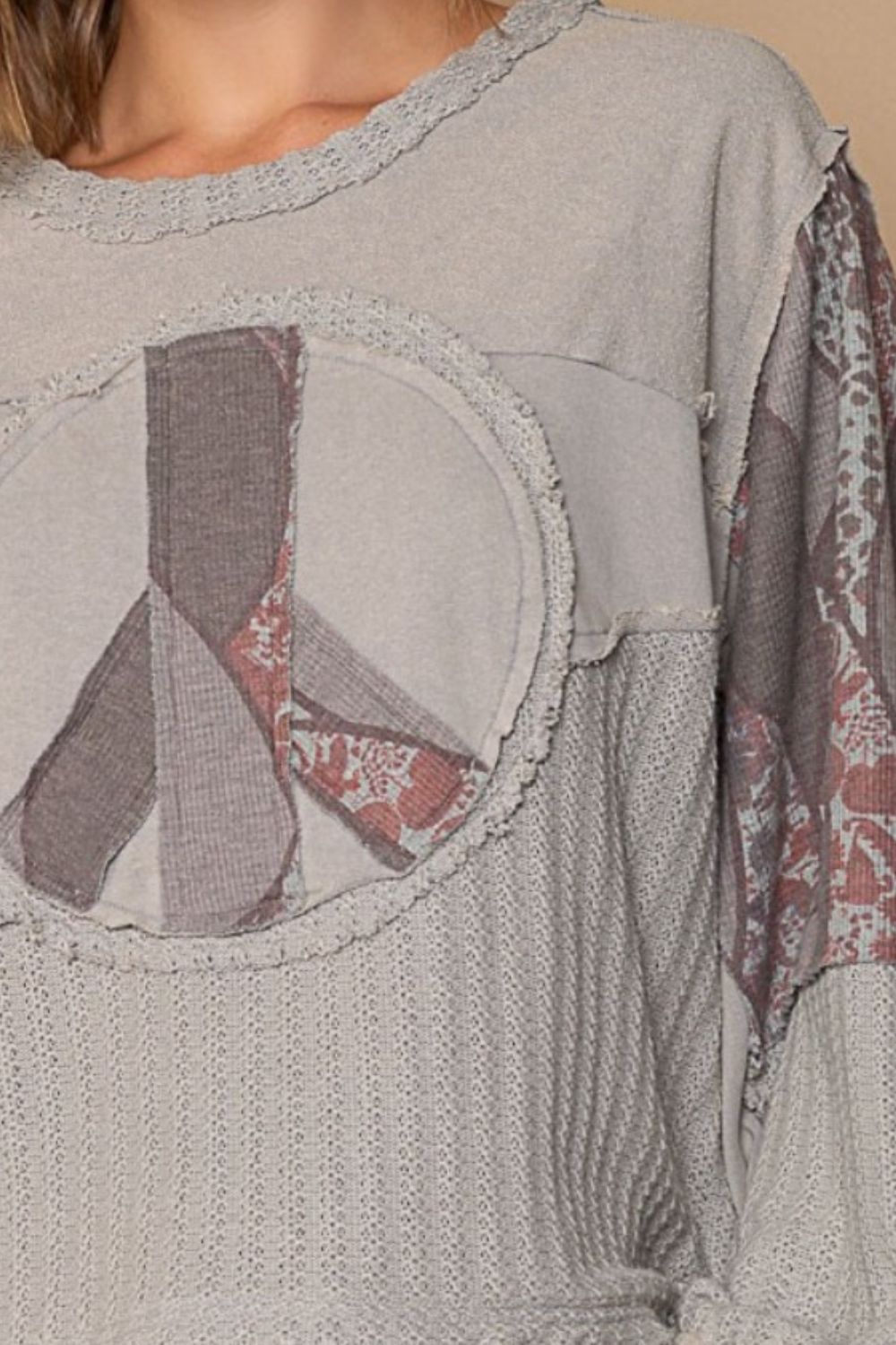 POL Long Sleeve Cut Sew Peace Emblem Top - Lily and Lavender Boutique