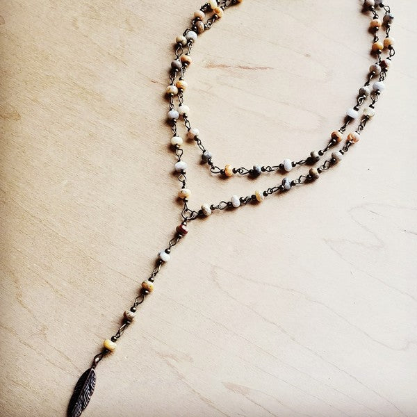 Double Lariat Natural Agate Necklace w/ Feather - Lily and Lavender Boutique