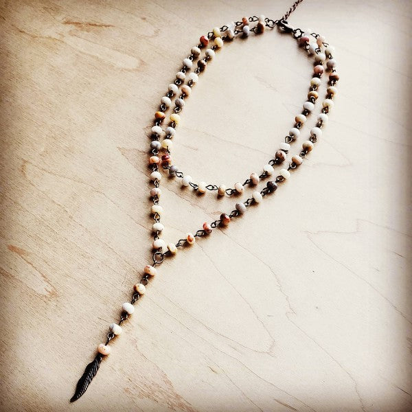 Double Lariat Natural Agate Necklace w/ Feather - Lily and Lavender Boutique