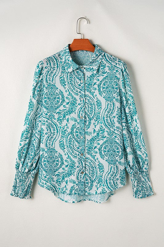 Women Print Smocked Cuff Buttoned Loose Shirt - Lily and Lavender Boutique