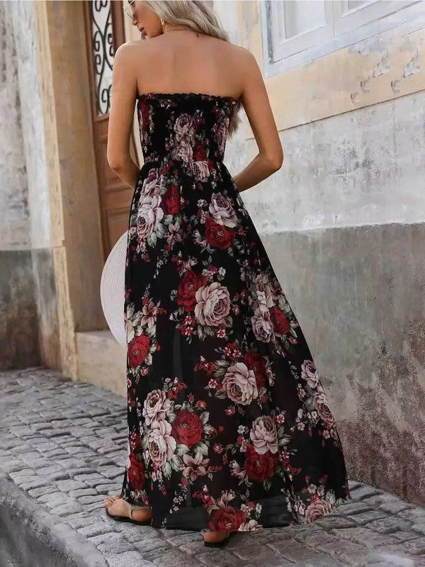 Floral Strapless High-Slit Maxi Dress - Lily and Lavender Boutique