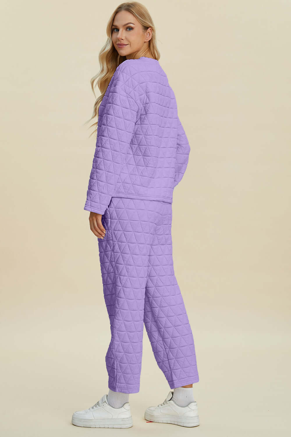 Double Take Full Size Texture Round Neck Long Sleeve Top and Pants Set - Lily and Lavender Boutique