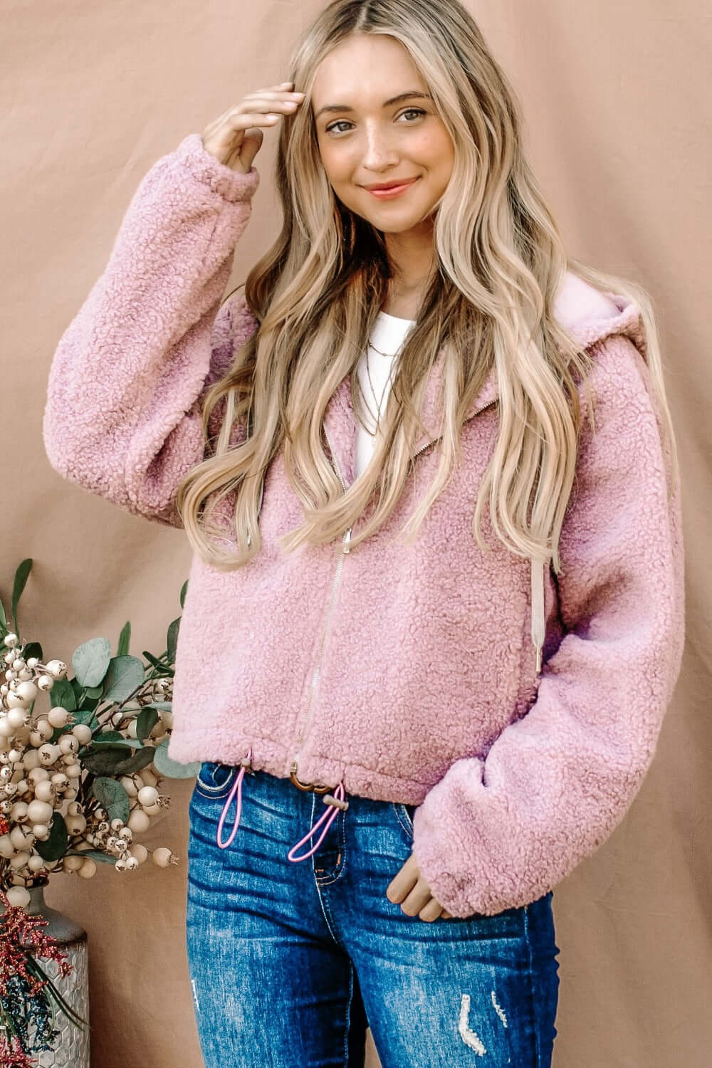 And The Why Sherpa Drawstring Cropped Hooded Jacket - Lily and Lavender Boutique