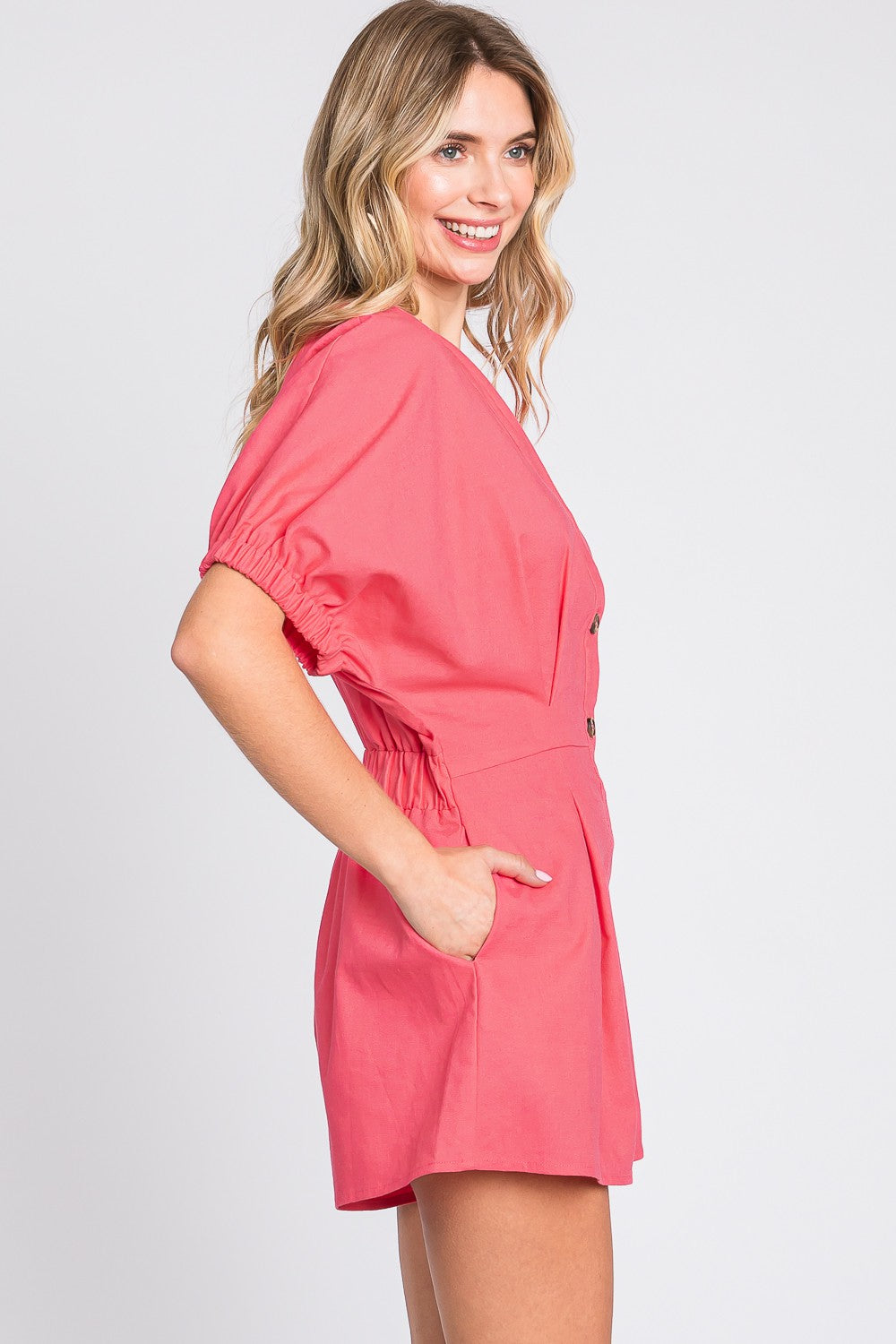 GeeGee Half Button V-Neck Linen Romper - Lily and Lavender Boutique