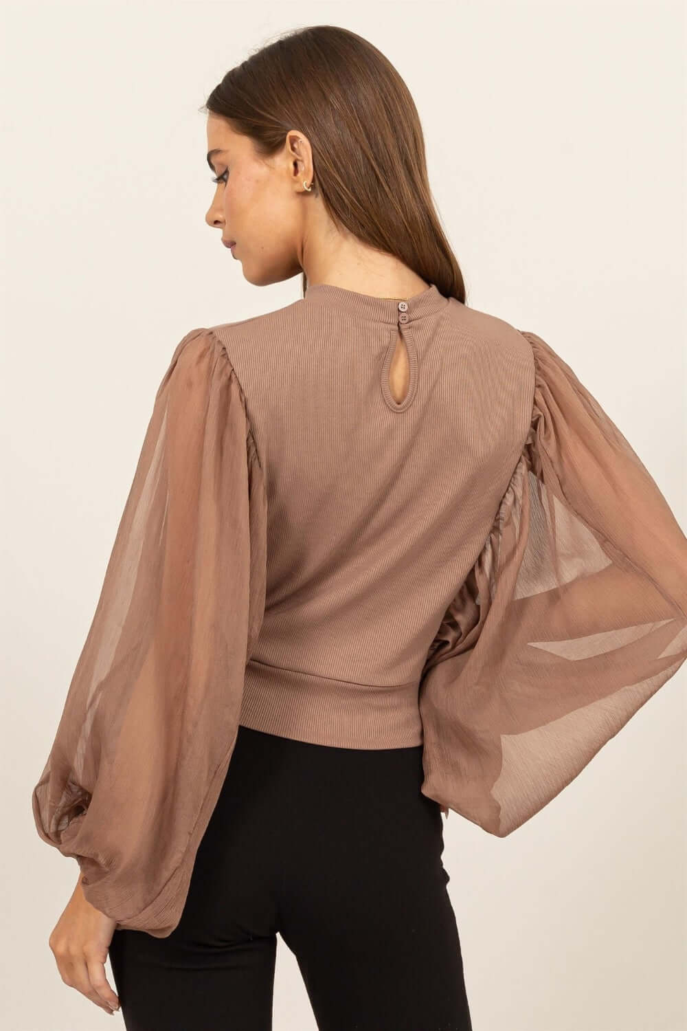 HYFVE Ruched Sheer Long Sleeve Mock Neck Blouse - Lily and Lavender Boutique