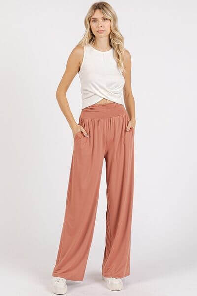 Mittoshop Stretch Banded Waist Wide Leg Pants with Pockets - Lily and Lavender Boutique