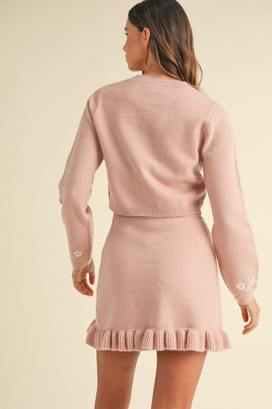 MABLE Floral Embroidered Crop Cardigan and Ruffled Mini Skirt Set - Lily and Lavender Boutique