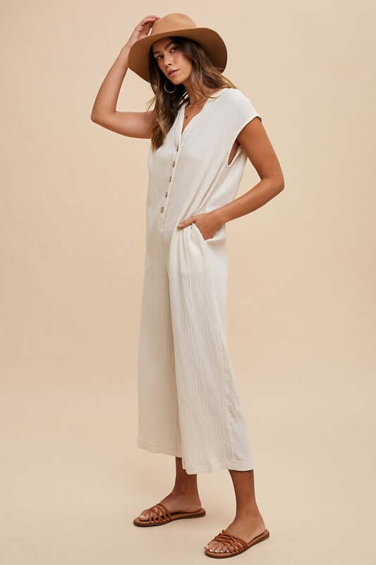 Annie Wear Button Detail Wide Leg Jumpsuit with Pockets - Lily and Lavender Boutique