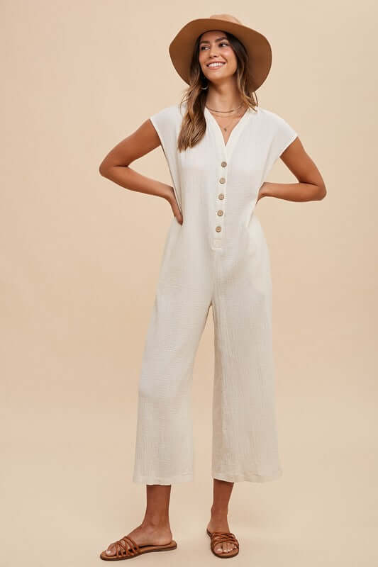 Annie Wear Button Detail Wide Leg Jumpsuit with Pockets - Lily and Lavender Boutique