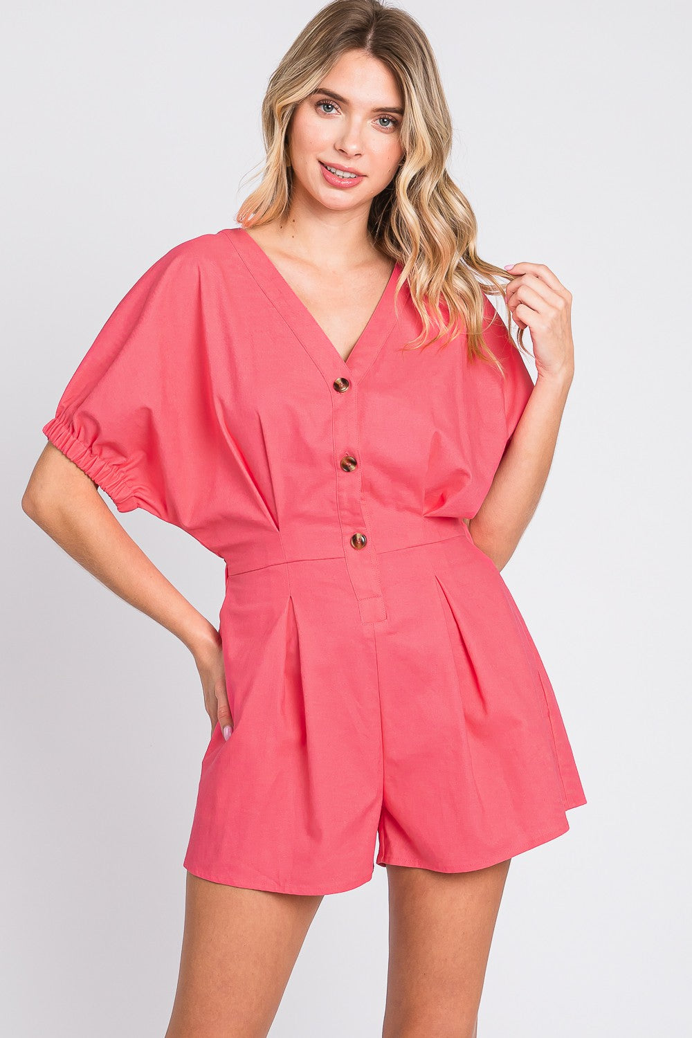 GeeGee Half Button V-Neck Linen Romper - Lily and Lavender Boutique