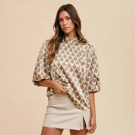 Annie Wear Tie Back Abstract Print Mock Neck Half Sleeve Blouse - Lily and Lavender Boutique