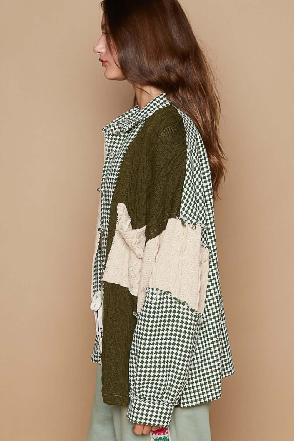 POL Houndstooth Contrast Cable Knit Pocket Shacket - Lily and Lavender Boutique