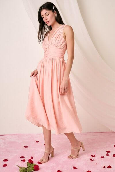 Mittoshop Ruched V-Neck Sleeveless Midi Dress - Lily and Lavender Boutique