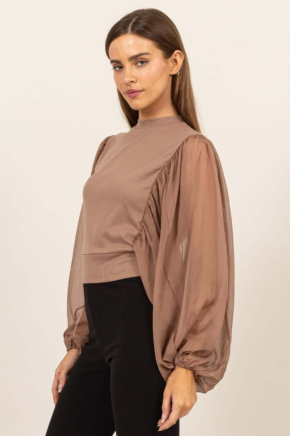HYFVE Ruched Sheer Long Sleeve Mock Neck Blouse - Lily and Lavender Boutique
