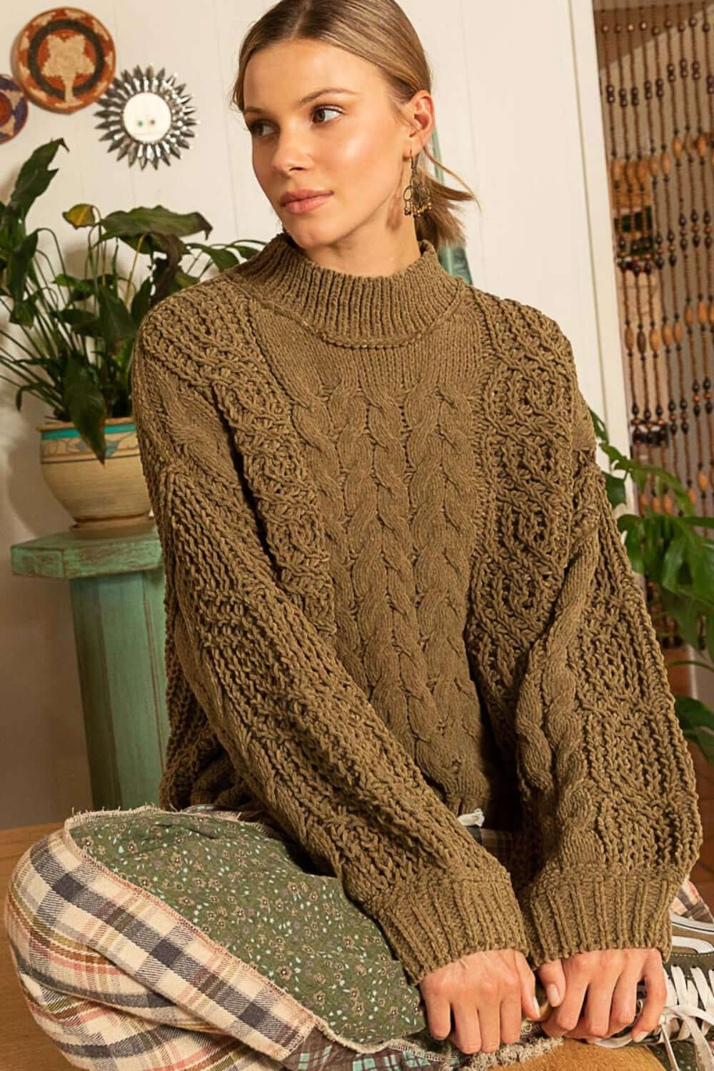 POL Mock Neck Cable Knit Sweater - Lily and Lavender Boutique