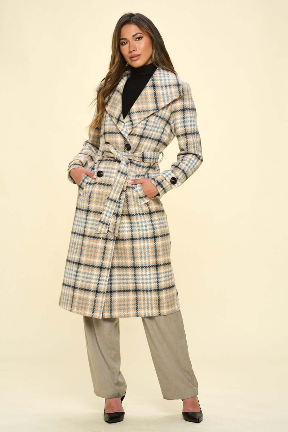 Coalition LA Double-Breasted Plaid Coat with Belt - Lily and Lavender Boutique