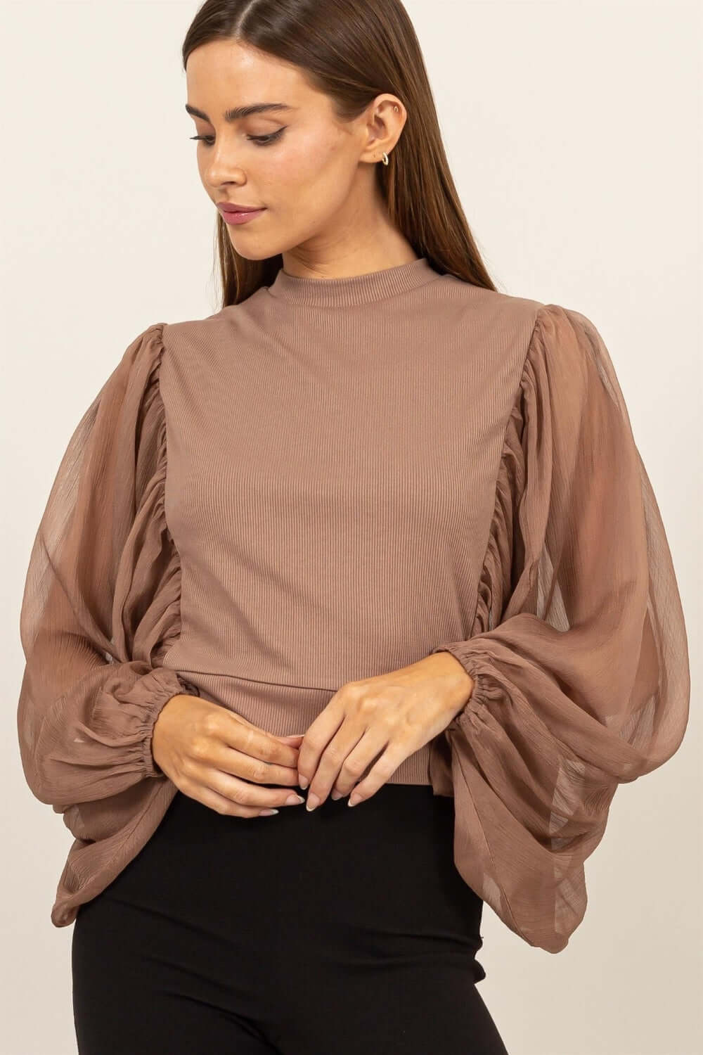 HYFVE Ruched Sheer Long Sleeve Mock Neck Blouse - Lily and Lavender Boutique