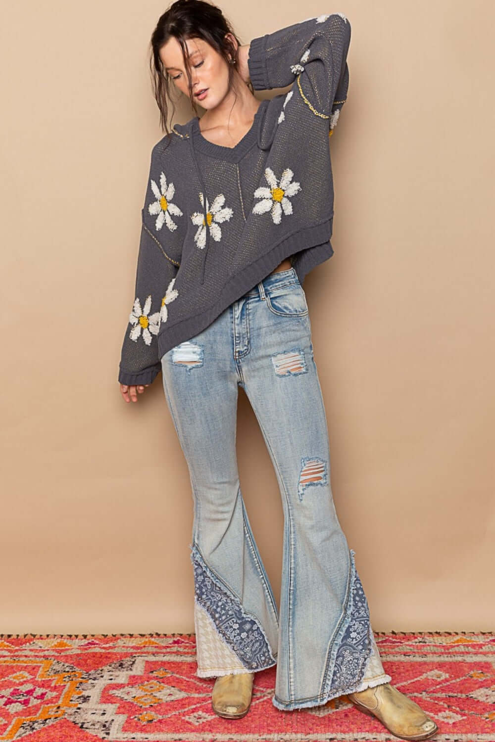 POL Floral Pattern Hooded High-Low Sweater - Lily and Lavender Boutique