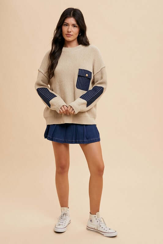 Annie Wear Contrast Round Neck Drop Shoulder Sweater with Patch Pocket - Lily and Lavender Boutique