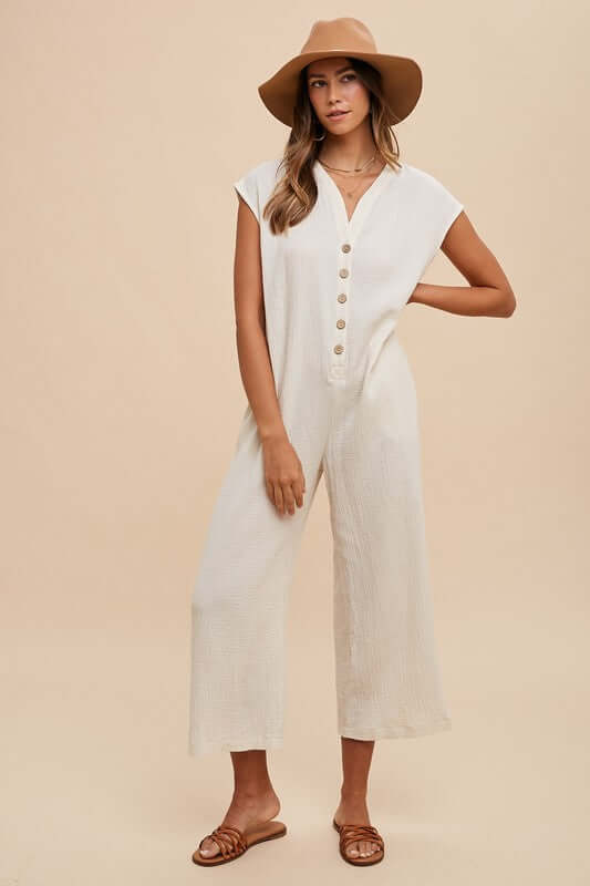 Annie Wear Button Detail Wide Leg Jumpsuit with Pockets - Lily and Lavender Boutique