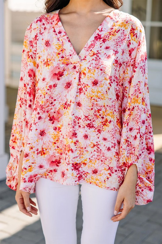 Women Pink Floral Bubble Sleeve V Neck Blouse - Lily and Lavender Boutique