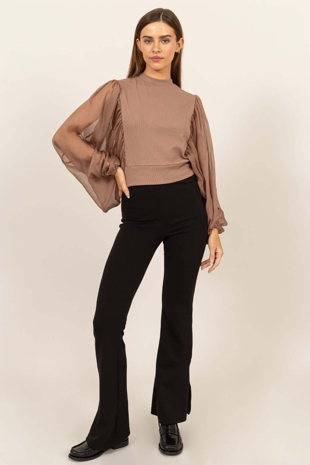 HYFVE Ruched Sheer Long Sleeve Mock Neck Blouse - Lily and Lavender Boutique