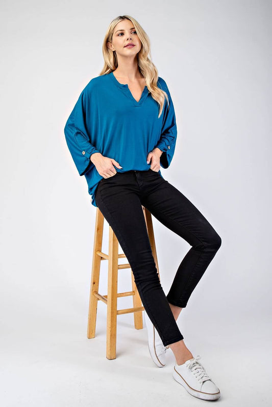 Celeste Full Size Notched Three-Quarter Sleeve Blouse - Lily and Lavender Boutique