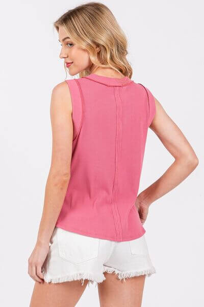 Ces Femme Stitch Detail Half Button Ribbed Tank - Lily and Lavender Boutique