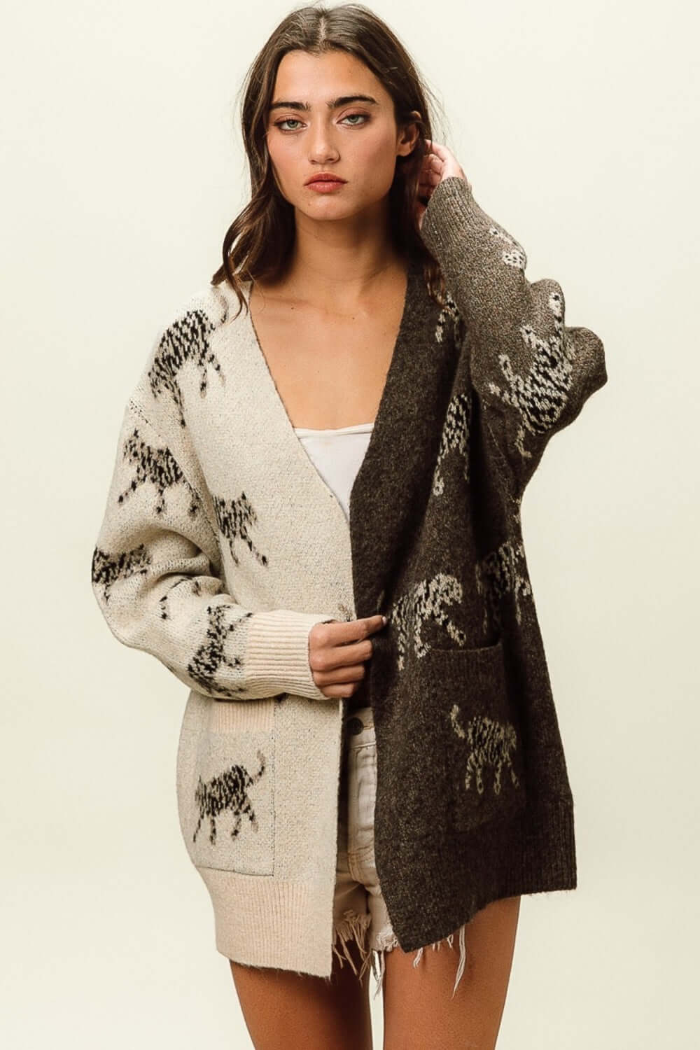 BiBi Open Front Long Sleeve Contrast Cardigan - Lily and Lavender Boutique
