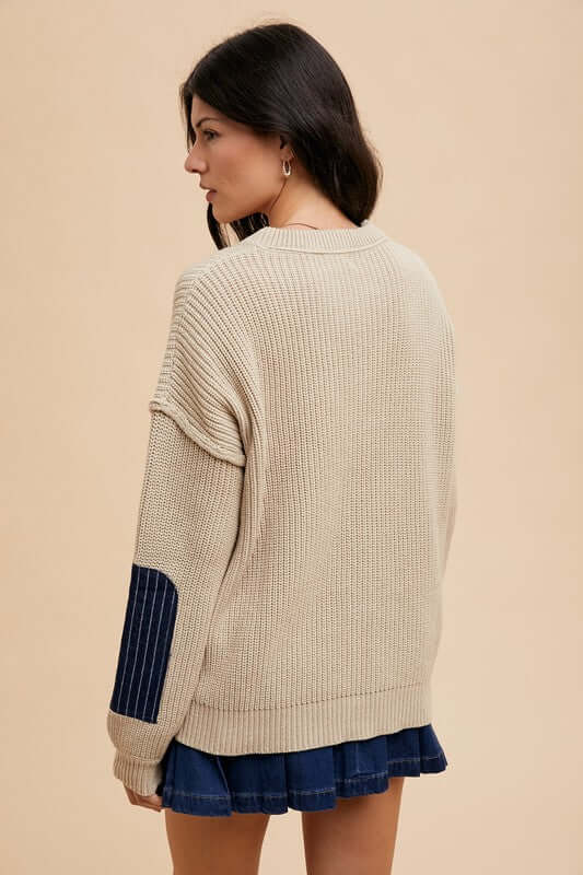 Annie Wear Contrast Round Neck Drop Shoulder Sweater with Patch Pocket - Lily and Lavender Boutique