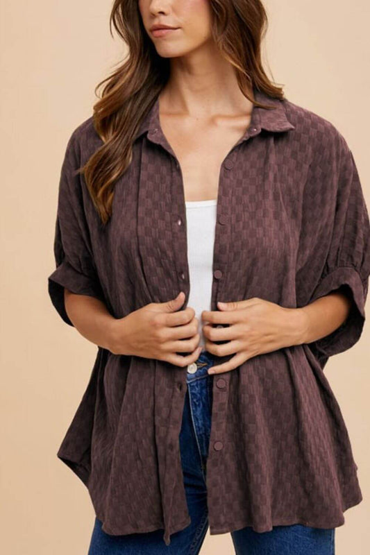 Annie Wear Checkered Button Up Half Sleeve Shirt - Lily and Lavender Boutique
