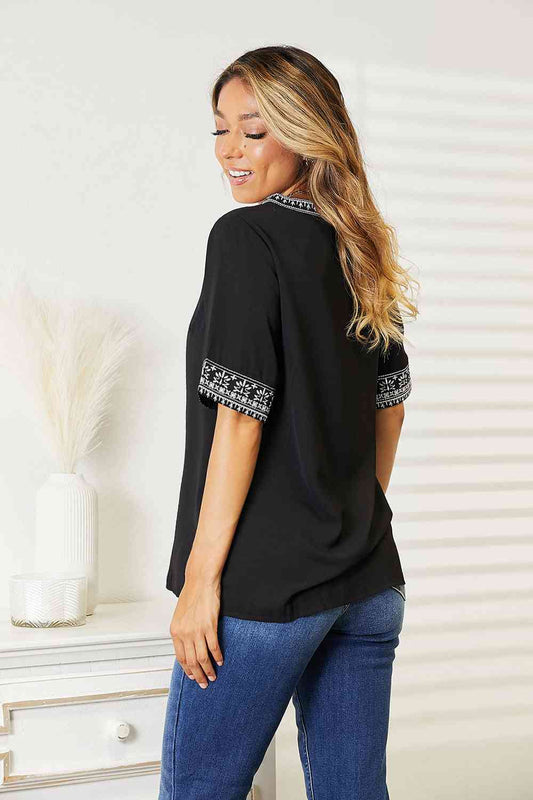 Double Take Embroidered Notched Neck Top - Lily and Lavender Boutique