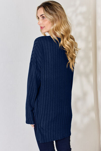 Basic Bae Full Size Ribbed Half Button Long Sleeve High-Low T-Shirt - Lily and Lavender Boutique