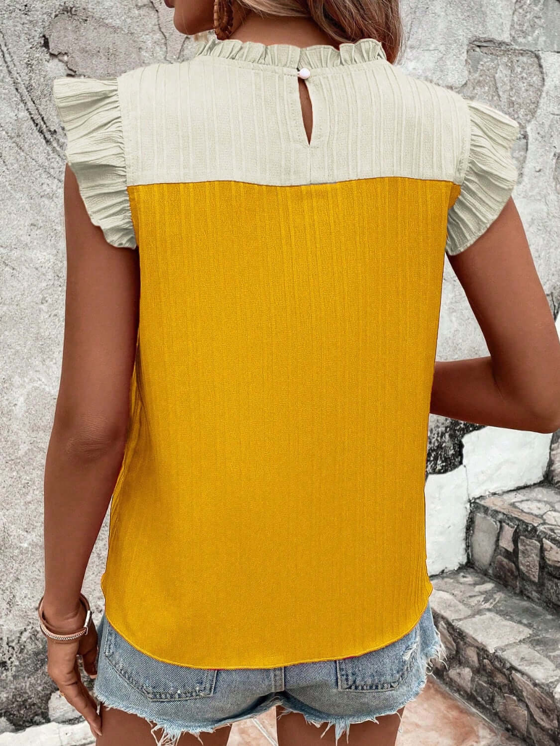 Frill Contrast Round Neck Cap Sleeve Top