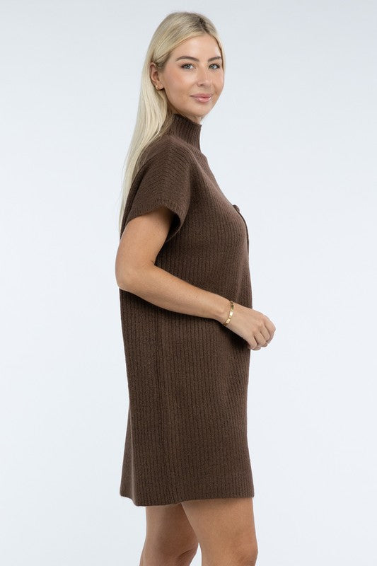 Mock Neck Short Sleeve Sweater Dress with Pocket - Lily and Lavender Boutique