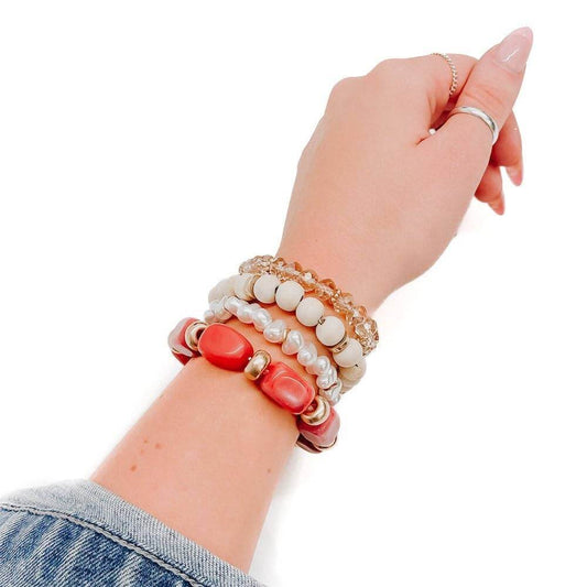 Stone Sunrise Combo Beaded Bracelet Set: Red