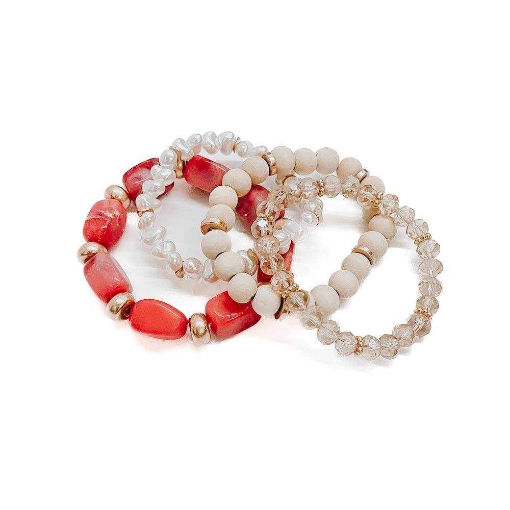 Stone Sunrise Combo Beaded Bracelet Set: Red