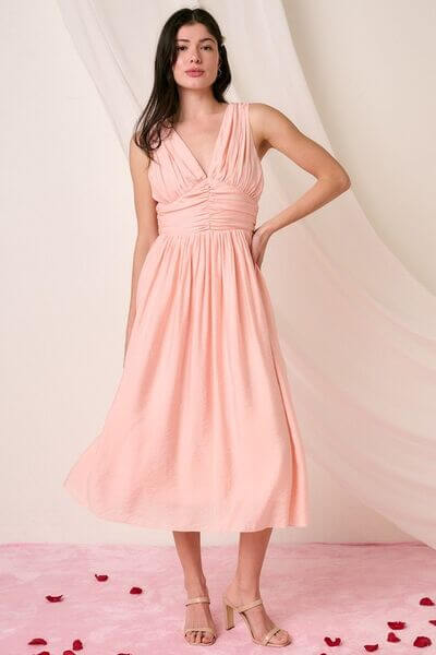 Mittoshop Ruched V-Neck Sleeveless Midi Dress - Lily and Lavender Boutique