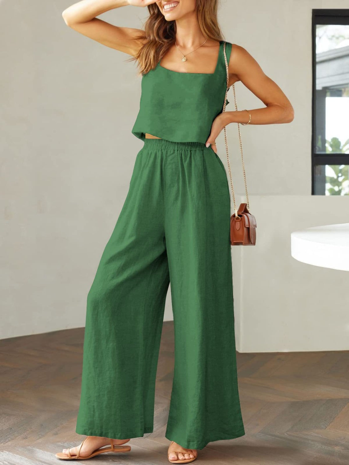 Square Neck Top and Wide Leg Pants Set - Lily and Lavender Boutique