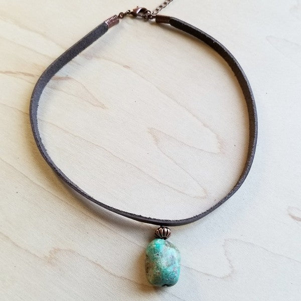 Leather Choker with African Turquoise accent - Lily and Lavender Boutique