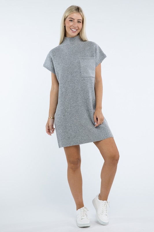 Mock Neck Short Sleeve Sweater Dress with Pocket - Lily and Lavender Boutique