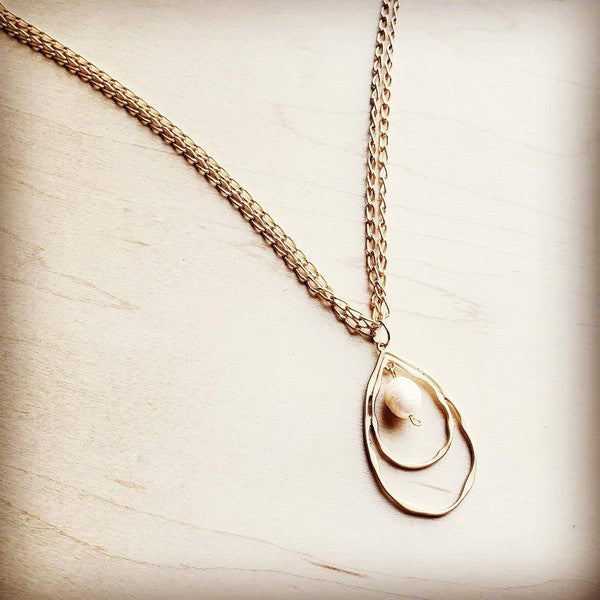 Matte Gold Necklace w/ Double Hoop Pearl Pendant - Lily and Lavender Boutique