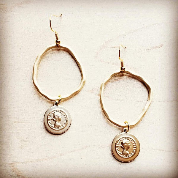 Matte Gold Hoop Earrings with Coin Dangle - Lily and Lavender Boutique