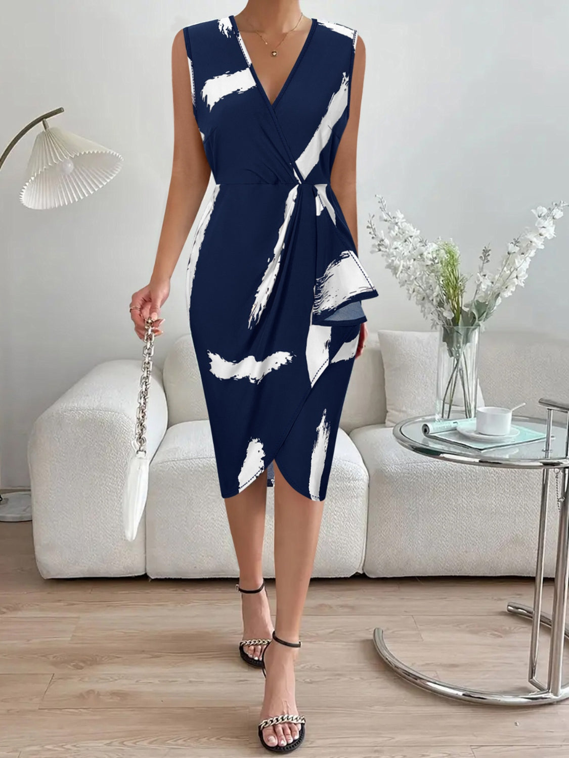 Printed Surplice Sleeveless Knee Length Dress - Lily and Lavender Boutique