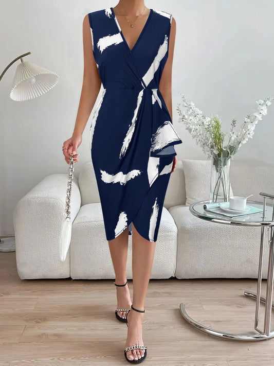 Printed Surplice Sleeveless Knee Length Dress - Lily and Lavender Boutique