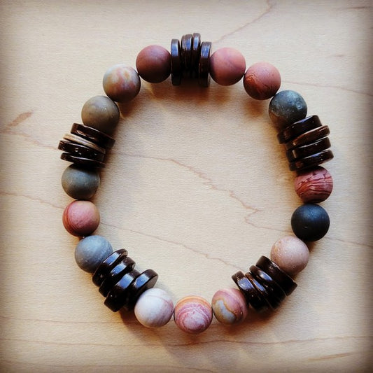 Frosted PIcasso Jasper and Wood Stretch Bracelet - Lily and Lavender Boutique